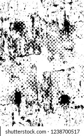 Grunge overlay layer. Abstract black and white vector background. Monochrome vintage surface with dirty pattern in cracks, spots, dots. Old wall in dark horror style design