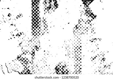 Grunge overlay layer. Abstract black and white vector background. Monochrome vintage surface with dirty pattern in cracks, spots, dots. Old wall in dark horror style design