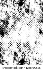 Grunge overlay layer. Abstract black and white vector background. Monochrome vintage surface with dirty pattern in cracks, spots, dots. Old wall in dark horror style design
