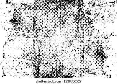 Grunge overlay layer. Abstract black and white vector background. Monochrome vintage surface with dirty pattern in cracks, spots, dots. Old wall in dark horror style design
