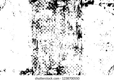 Grunge overlay layer. Abstract black and white vector background. Monochrome vintage surface with dirty pattern in cracks, spots, dots. Old wall in dark horror style design