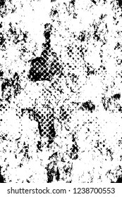 Grunge overlay layer. Abstract black and white vector background. Monochrome vintage surface with dirty pattern in cracks, spots, dots. Old wall in dark horror style design