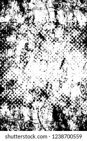 Grunge overlay layer. Abstract black and white vector background. Monochrome vintage surface with dirty pattern in cracks, spots, dots. Old wall in dark horror style design