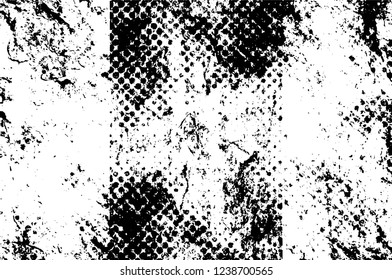 Grunge overlay layer. Abstract black and white vector background. Monochrome vintage surface with dirty pattern in cracks, spots, dots. Old wall in dark horror style design