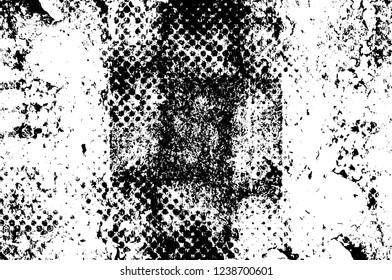 Grunge overlay layer. Abstract black and white vector background. Monochrome vintage surface with dirty pattern in cracks, spots, dots. Old wall in dark horror style design