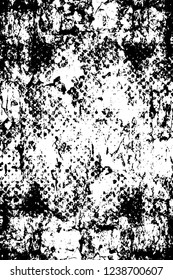 Grunge overlay layer. Abstract black and white vector background. Monochrome vintage surface with dirty pattern in cracks, spots, dots. Old wall in dark horror style design
