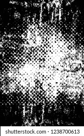 Grunge overlay layer. Abstract black and white vector background. Monochrome vintage surface with dirty pattern in cracks, spots, dots. Old wall in dark horror style design