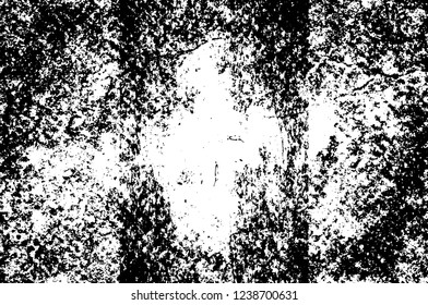 Grunge overlay layer. Abstract black and white vector background. Monochrome vintage surface with dirty pattern in cracks, spots, dots. Old wall in dark horror style design