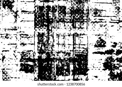 Grunge overlay layer. Abstract black and white vector background. Monochrome vintage surface with dirty pattern in cracks, spots, dots. Old wall in dark horror style design