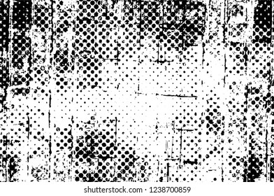 Grunge overlay layer. Abstract black and white vector background. Monochrome vintage surface with dirty pattern in cracks, spots, dots. Old wall in dark horror style design
