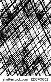 Grunge overlay layer. Abstract black and white vector background. Monochrome vintage surface with dirty pattern in cracks, spots, dots. Old wall in dark horror style design