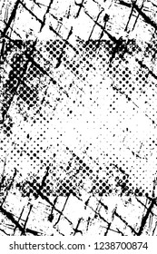 Grunge overlay layer. Abstract black and white vector background. Monochrome vintage surface with dirty pattern in cracks, spots, dots. Old wall in dark horror style design