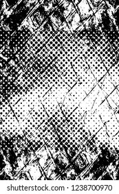 Grunge overlay layer. Abstract black and white vector background. Monochrome vintage surface with dirty pattern in cracks, spots, dots. Old wall in dark horror style design