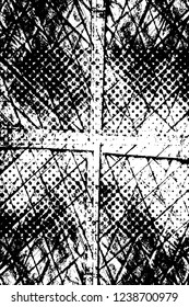 Grunge overlay layer. Abstract black and white vector background. Monochrome vintage surface with dirty pattern in cracks, spots, dots. Old wall in dark horror style design