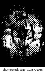 Grunge overlay layer. Abstract black and white vector background. Monochrome vintage surface with dirty pattern in cracks, spots, dots. Old wall in dark horror style design