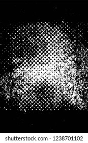 Grunge overlay layer. Abstract black and white vector background. Monochrome vintage surface with dirty pattern in cracks, spots, dots. Old wall in dark horror style design