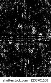 Grunge overlay layer. Abstract black and white vector background. Monochrome vintage surface with dirty pattern in cracks, spots, dots. Old wall in dark horror style design