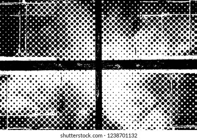Grunge overlay layer. Abstract black and white vector background. Monochrome vintage surface with dirty pattern in cracks, spots, dots. Old wall in dark horror style design