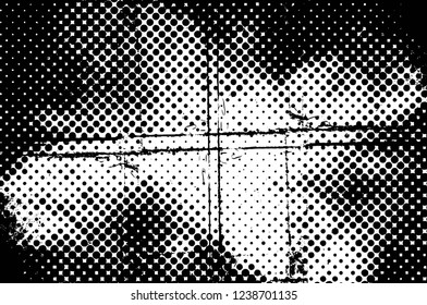 Grunge overlay layer. Abstract black and white vector background. Monochrome vintage surface with dirty pattern in cracks, spots, dots. Old wall in dark horror style design