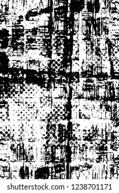 Grunge overlay layer. Abstract black and white vector background. Monochrome vintage surface with dirty pattern in cracks, spots, dots. Old wall in dark horror style design