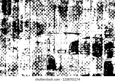 Grunge overlay layer. Abstract black and white vector background. Monochrome vintage surface with dirty pattern in cracks, spots, dots. Old wall in dark horror style design