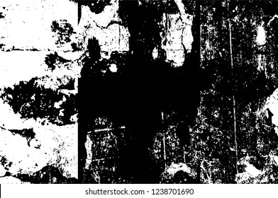 Grunge overlay layer. Abstract black and white vector background. Monochrome vintage surface with dirty pattern in cracks, spots, dots. Old wall in dark horror style design
