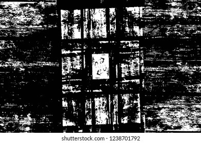 Grunge overlay layer. Abstract black and white vector background. Monochrome vintage surface with dirty pattern in cracks, spots, dots. Old wall in dark horror style design