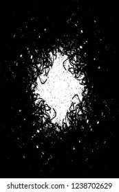 Grunge overlay layer. Abstract black and white vector background. Monochrome vintage surface with dirty pattern in cracks, spots, dots. Old wall in dark horror style design