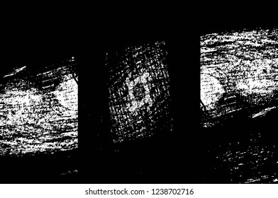 Grunge overlay layer. Abstract black and white vector background. Monochrome vintage surface with dirty pattern in cracks, spots, dots. Old wall in dark horror style design