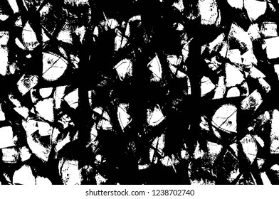 Grunge overlay layer. Abstract black and white vector background. Monochrome vintage surface with dirty pattern in cracks, spots, dots. Old wall in dark horror style design