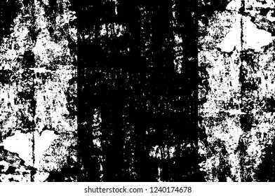 Grunge overlay layer. Abstract black and white vector background. Monochrome vintage surface with dirty pattern in cracks, spots, dots. Old wall in dark horror style design