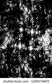 Grunge overlay layer. Abstract black and white vector background. Monochrome vintage surface with dirty pattern in cracks, spots, dots. Old wall in dark horror style design