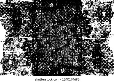Grunge overlay layer. Abstract black and white vector background. Monochrome vintage surface with dirty pattern in cracks, spots, dots. Old wall in dark horror style design