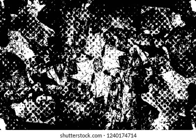 Grunge overlay layer. Abstract black and white vector background. Monochrome vintage surface with dirty pattern in cracks, spots, dots. Old wall in dark horror style design