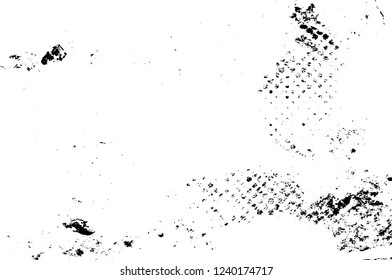 Grunge overlay layer. Abstract black and white vector background. Monochrome vintage surface with dirty pattern in cracks, spots, dots. Old wall in dark horror style design