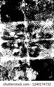 Grunge overlay layer. Abstract black and white vector background. Monochrome vintage surface with dirty pattern in cracks, spots, dots. Old wall in dark horror style design