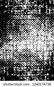 Grunge overlay layer. Abstract black and white vector background. Monochrome vintage surface with dirty pattern in cracks, spots, dots. Old wall in dark horror style design