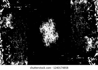 Grunge overlay layer. Abstract black and white vector background. Monochrome vintage surface with dirty pattern in cracks, spots, dots. Old wall in dark horror style design