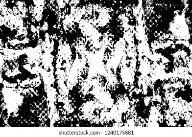Grunge overlay layer. Abstract black and white vector background. Monochrome vintage surface with dirty pattern in cracks, spots, dots. Old wall in dark horror style design