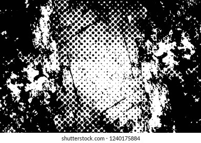 Grunge overlay layer. Abstract black and white vector background. Monochrome vintage surface with dirty pattern in cracks, spots, dots. Old wall in dark horror style design