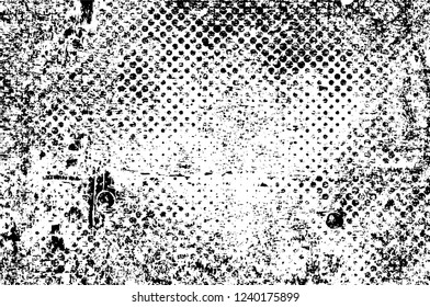 Grunge overlay layer. Abstract black and white vector background. Monochrome vintage surface with dirty pattern in cracks, spots, dots. Old wall in dark horror style design