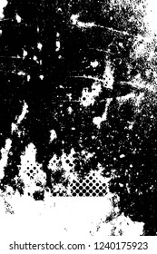Grunge overlay layer. Abstract black and white vector background. Monochrome vintage surface with dirty pattern in cracks, spots, dots. Old wall in dark horror style design