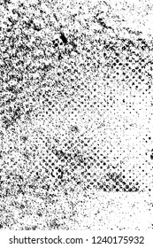 Grunge overlay layer. Abstract black and white vector background. Monochrome vintage surface with dirty pattern in cracks, spots, dots. Old wall in dark horror style design