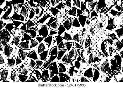 Grunge overlay layer. Abstract black and white vector background. Monochrome vintage surface with dirty pattern in cracks, spots, dots. Old wall in dark horror style design