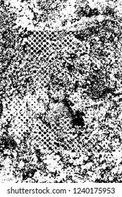 Grunge overlay layer. Abstract black and white vector background. Monochrome vintage surface with dirty pattern in cracks, spots, dots. Old wall in dark horror style design