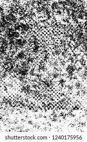 Grunge overlay layer. Abstract black and white vector background. Monochrome vintage surface with dirty pattern in cracks, spots, dots. Old wall in dark horror style design