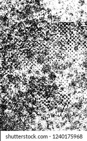 Grunge overlay layer. Abstract black and white vector background. Monochrome vintage surface with dirty pattern in cracks, spots, dots. Old wall in dark horror style design
