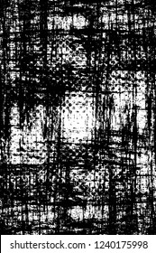 Grunge overlay layer. Abstract black and white vector background. Monochrome vintage surface with dirty pattern in cracks, spots, dots. Old wall in dark horror style design