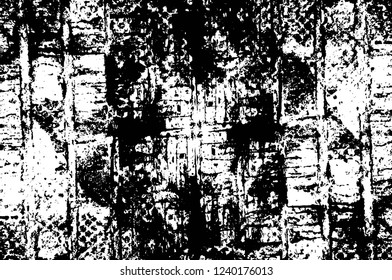 Grunge overlay layer. Abstract black and white vector background. Monochrome vintage surface with dirty pattern in cracks, spots, dots. Old wall in dark horror style design