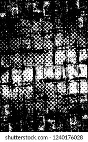 Grunge overlay layer. Abstract black and white vector background. Monochrome vintage surface with dirty pattern in cracks, spots, dots. Old wall in dark horror style design